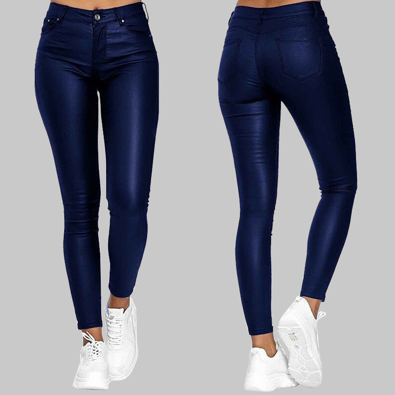 Skinny Bukse i Kunstskinn med Høyt Liv og Stretch