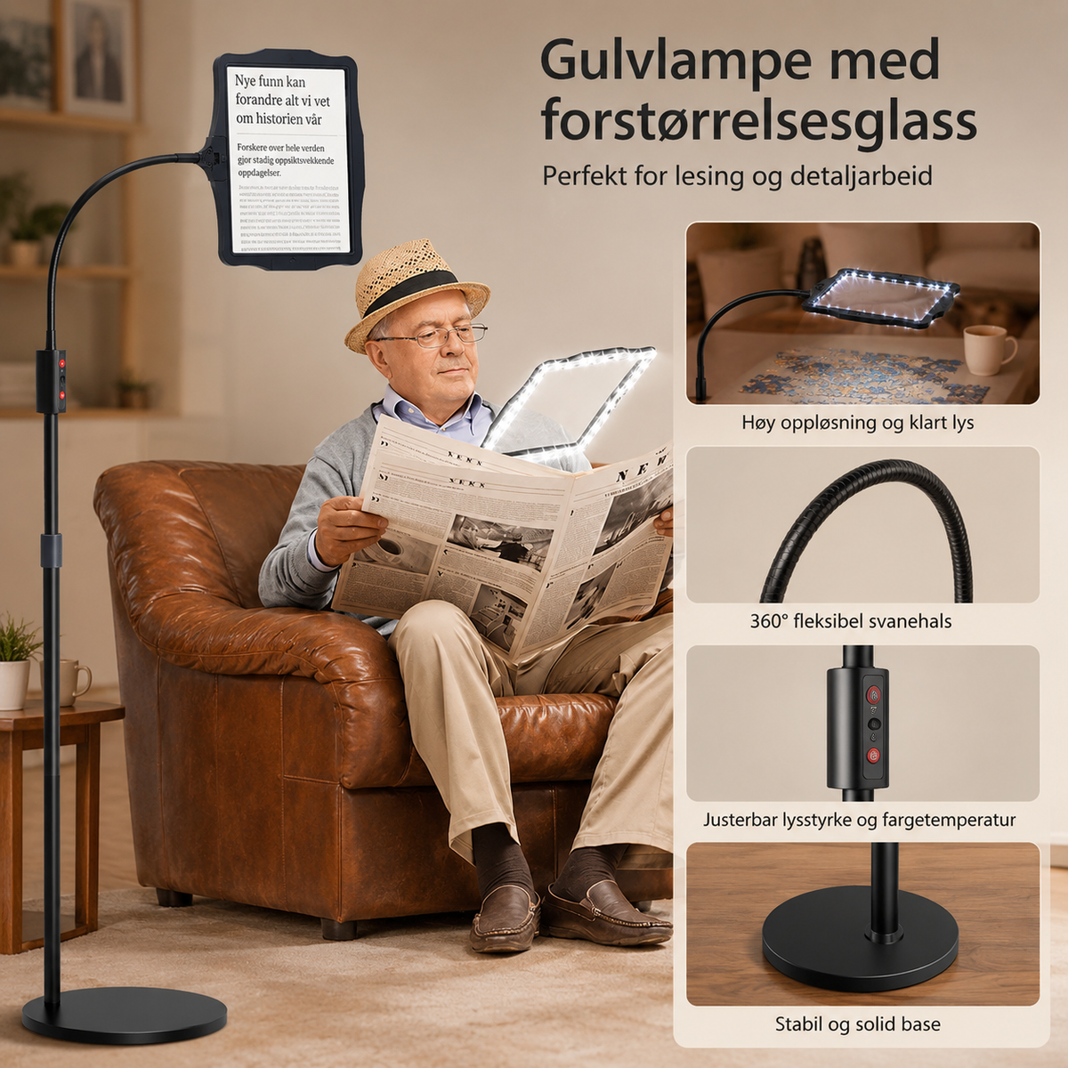 Gulvlampe med 3x Forstørrelsesglass og Fleksibel Svanehals