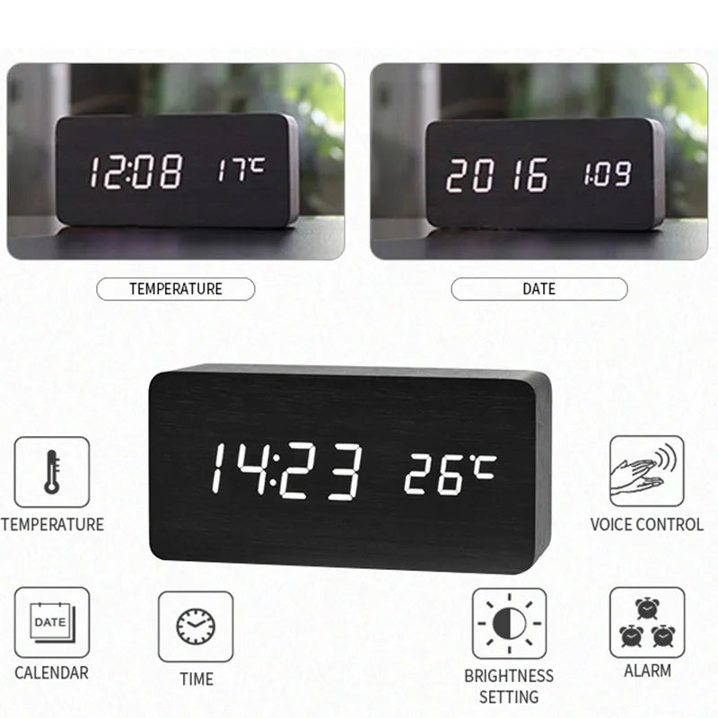 Digital LED-vekkerklokke i Trelook med Temperaturvisning