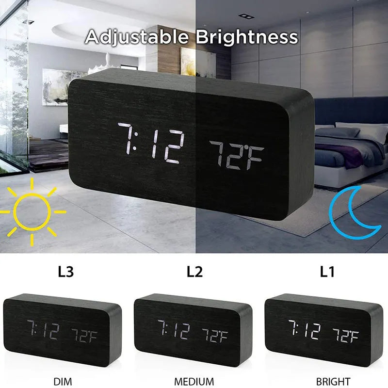 Digital LED-vekkerklokke i Trelook med Temperaturvisning
