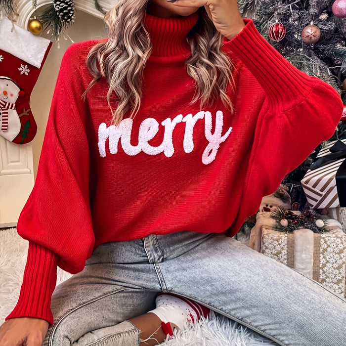 Dame Julestrikkegenser med Turtleneck og Løs Passform