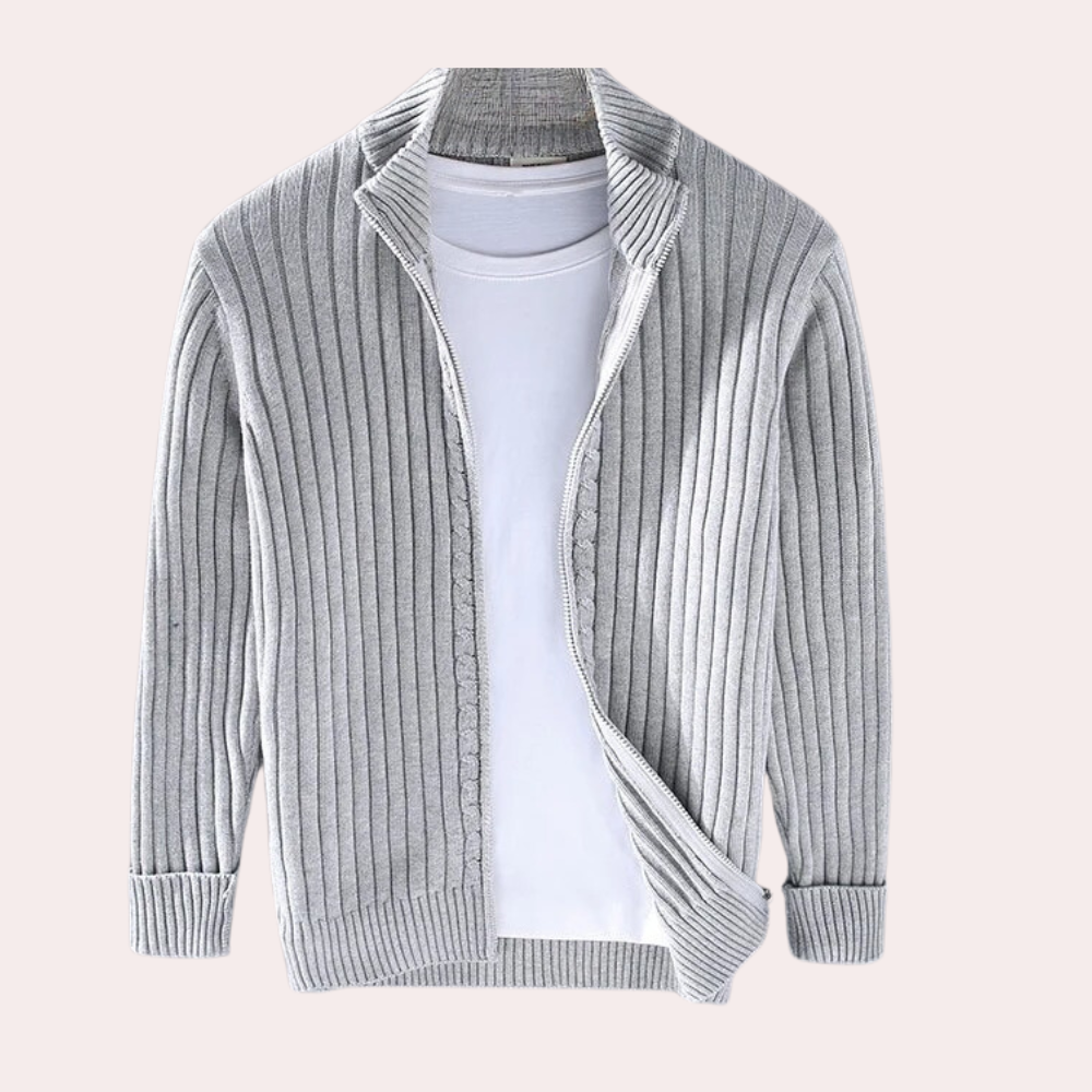 Herre Strikket Cardigan med Glidelås og Ribbede Detaljer