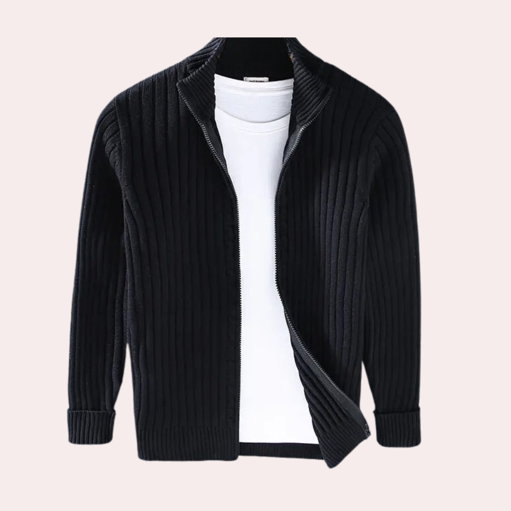 Herre Strikket Cardigan med Glidelås og Ribbede Detaljer