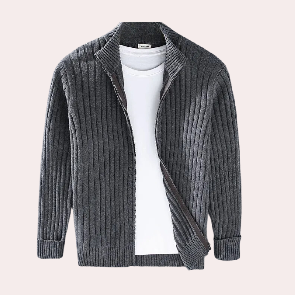 Herre Strikket Cardigan med Glidelås og Ribbede Detaljer