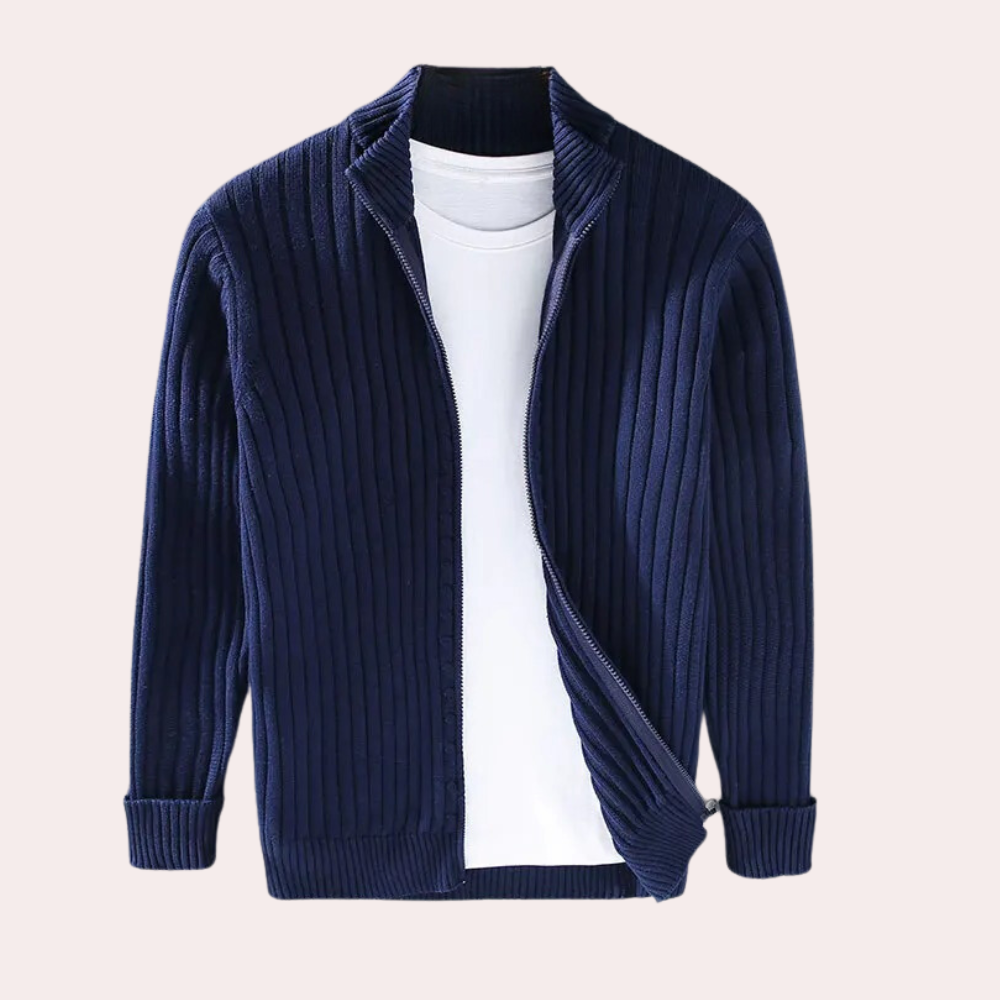 Herre Strikket Cardigan med Glidelås og Ribbede Detaljer