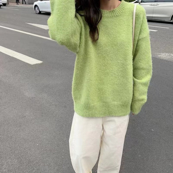 Dame Oversize Genser med Rund Hals og Lange Ermer