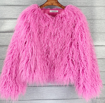 Dame Fluffy Jakke med Rund Hals og Lang Løs Passform