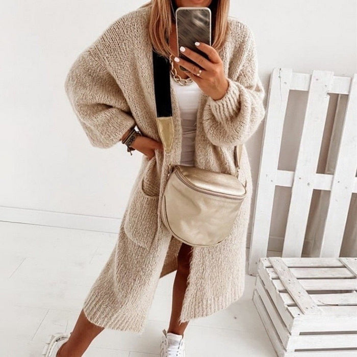 Dame Cardigan Oversized med Båndkrage og Lommer