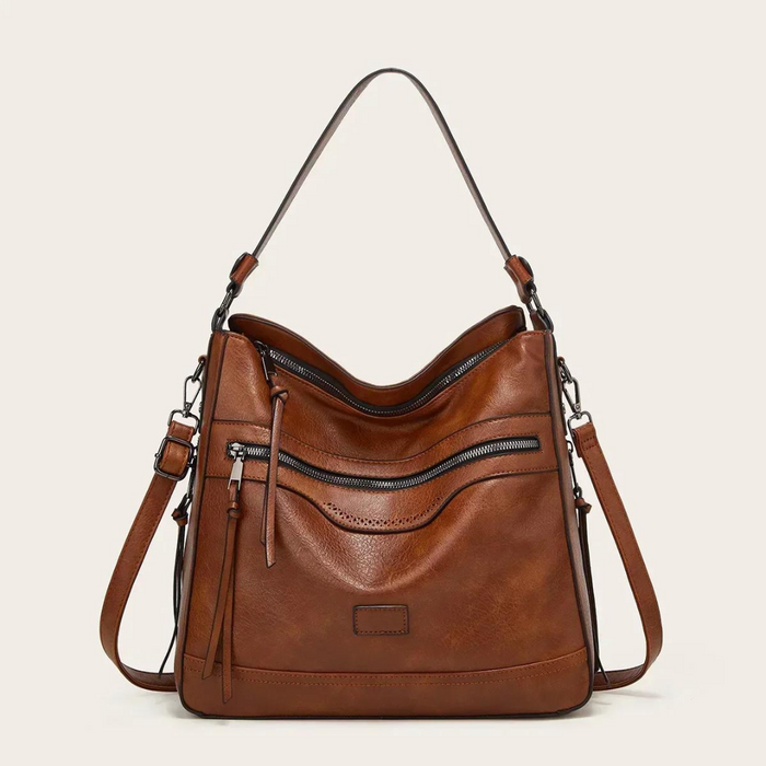 Skuldertaske i Skinn med Crossbody-rem og Glidelås