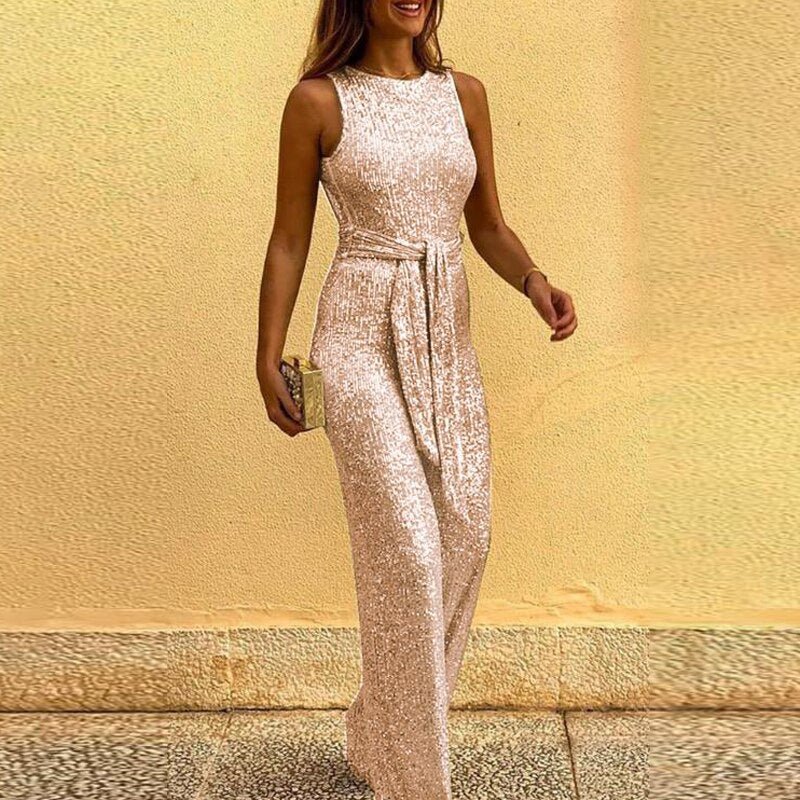 Dame Glitrende Jumpsuit med Paljetter til Fest og Bryllup