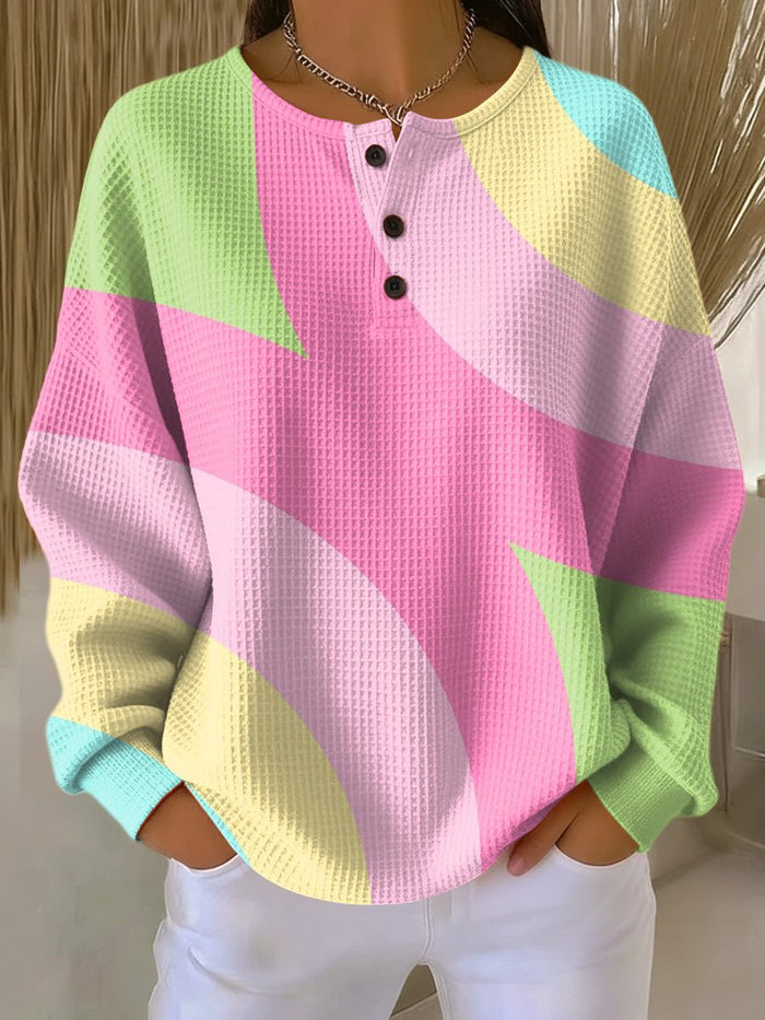 Dame Colorblock Genser med Vaffelstruktur og Knappedetaljer